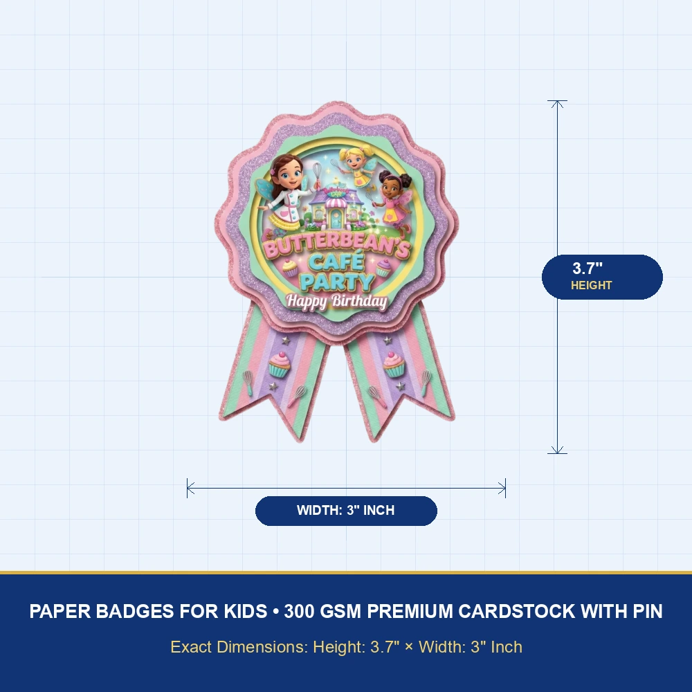 Butterbeans Theme Paper Badges For Kids Birthday Party Supplies (Pack Of 16) - 300 GSM Premium Cardstock with Pin (3.7 x 3 Inch) - Premium Handcrafted 300 GSM Theme Badges by Party Decor Mall India - View 4