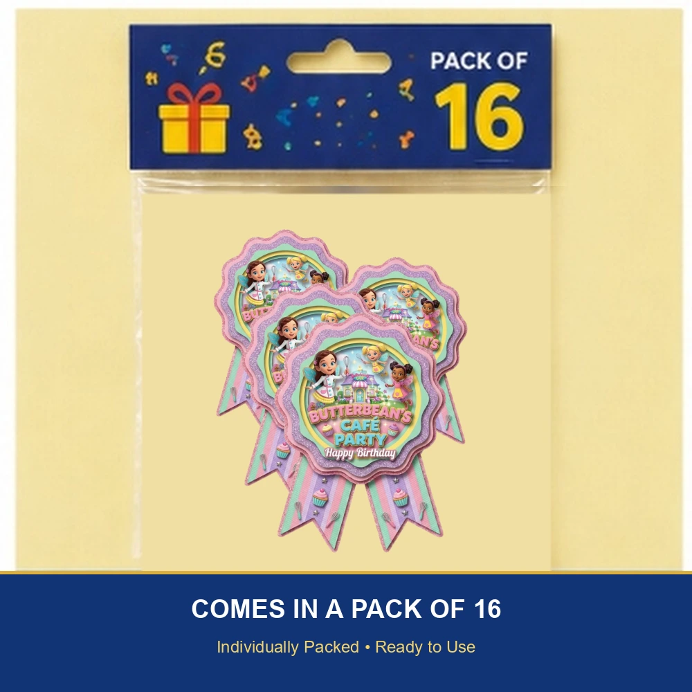 Butterbeans Theme Paper Badges For Kids Birthday Party Supplies (Pack Of 16) - 300 GSM Premium Cardstock with Pin (3.7 x 3 Inch) - Premium Handcrafted 300 GSM Theme Badges by Party Decor Mall India - View 6
