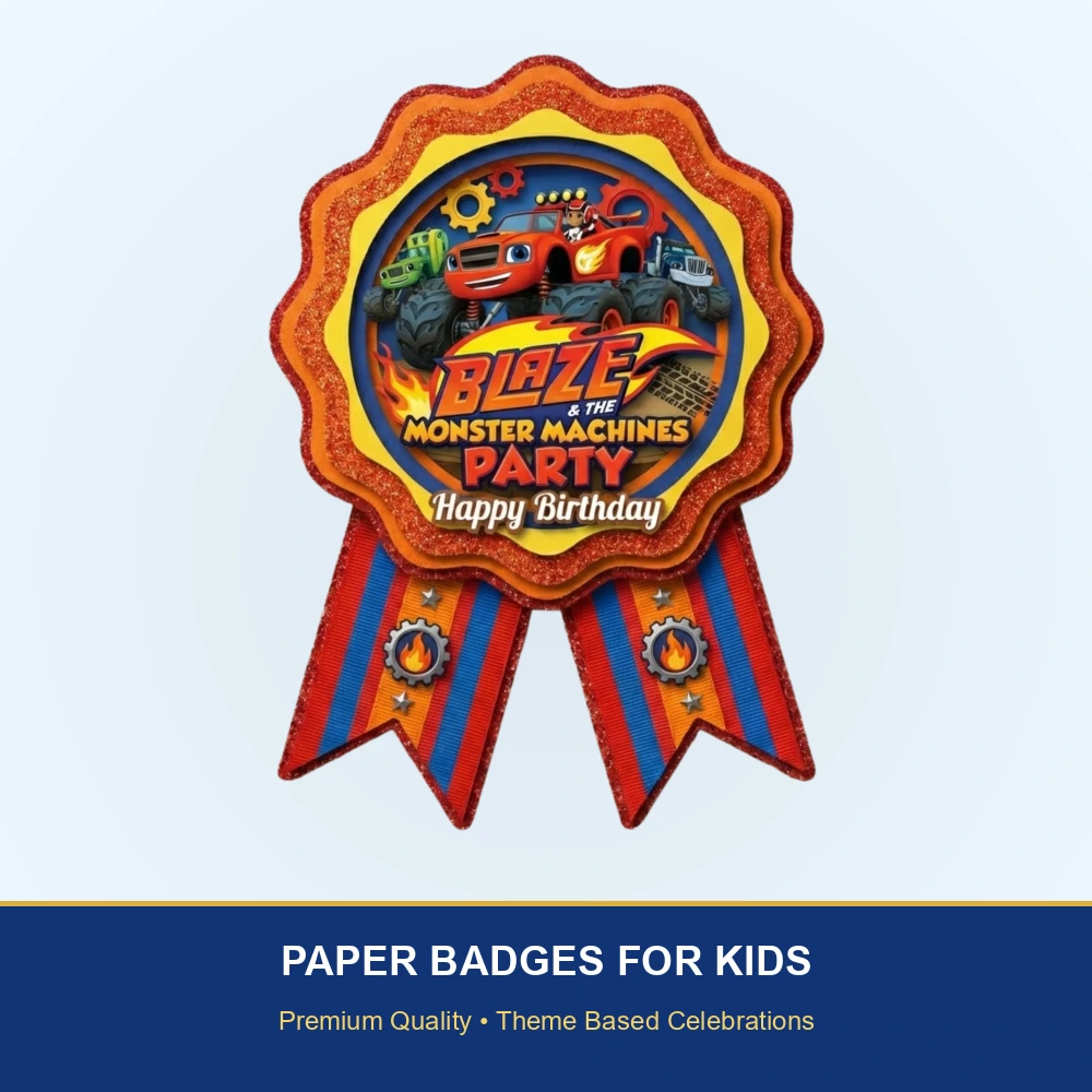 Blaze Monster Machines Theme Paper Badges For Kids Birthday Party Supplies (Pack Of 16) - 300 GSM Premium Cardstock with Pin (3.7 x 3 Inch) - Premium Handcrafted 300 GSM Theme Badges by Party Decor Mall India - View 2