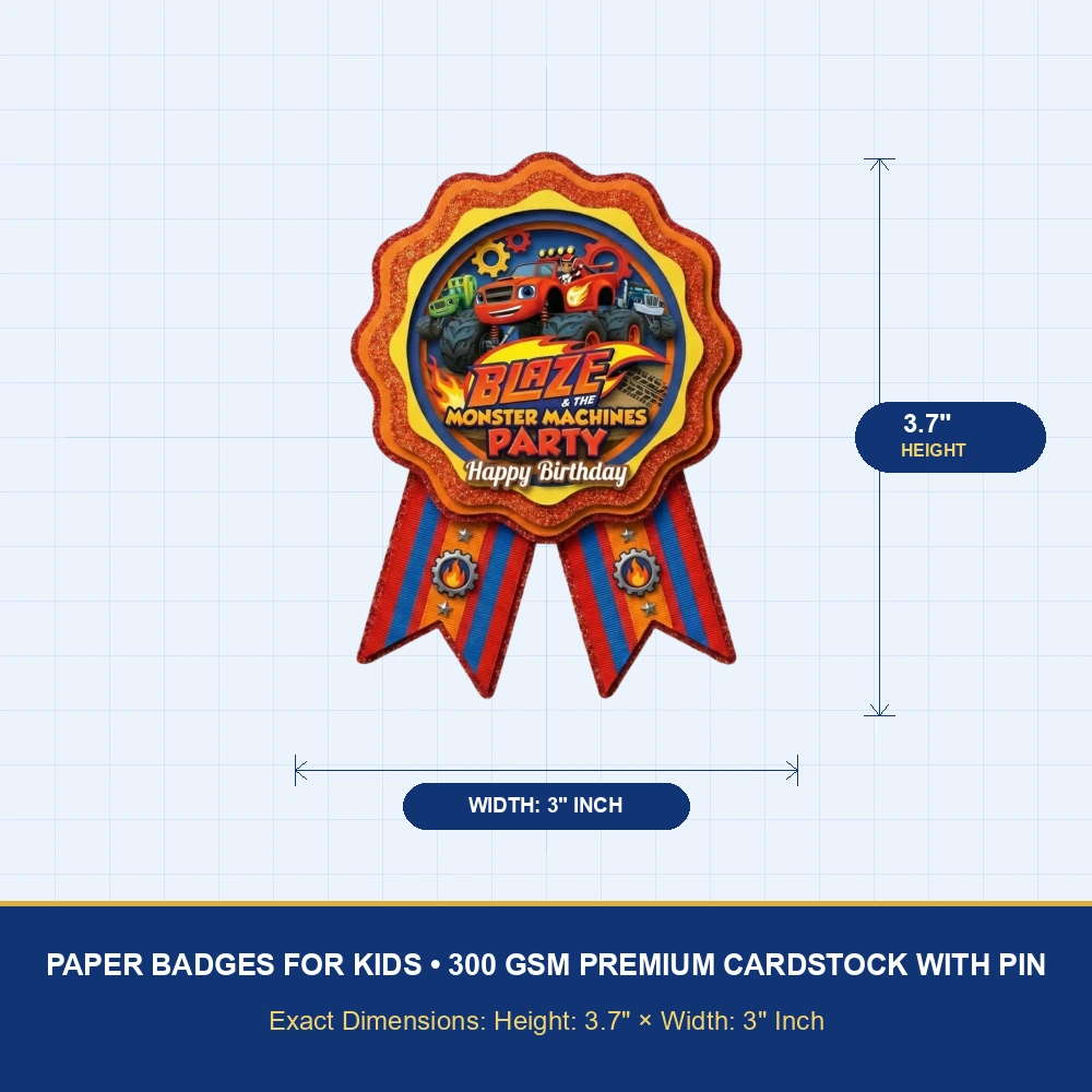 Blaze Monster Machines Theme Paper Badges For Kids Birthday Party Supplies (Pack Of 16) - 300 GSM Premium Cardstock with Pin (3.7 x 3 Inch) - Premium Handcrafted 300 GSM Theme Badges by Party Decor Mall India - View 4