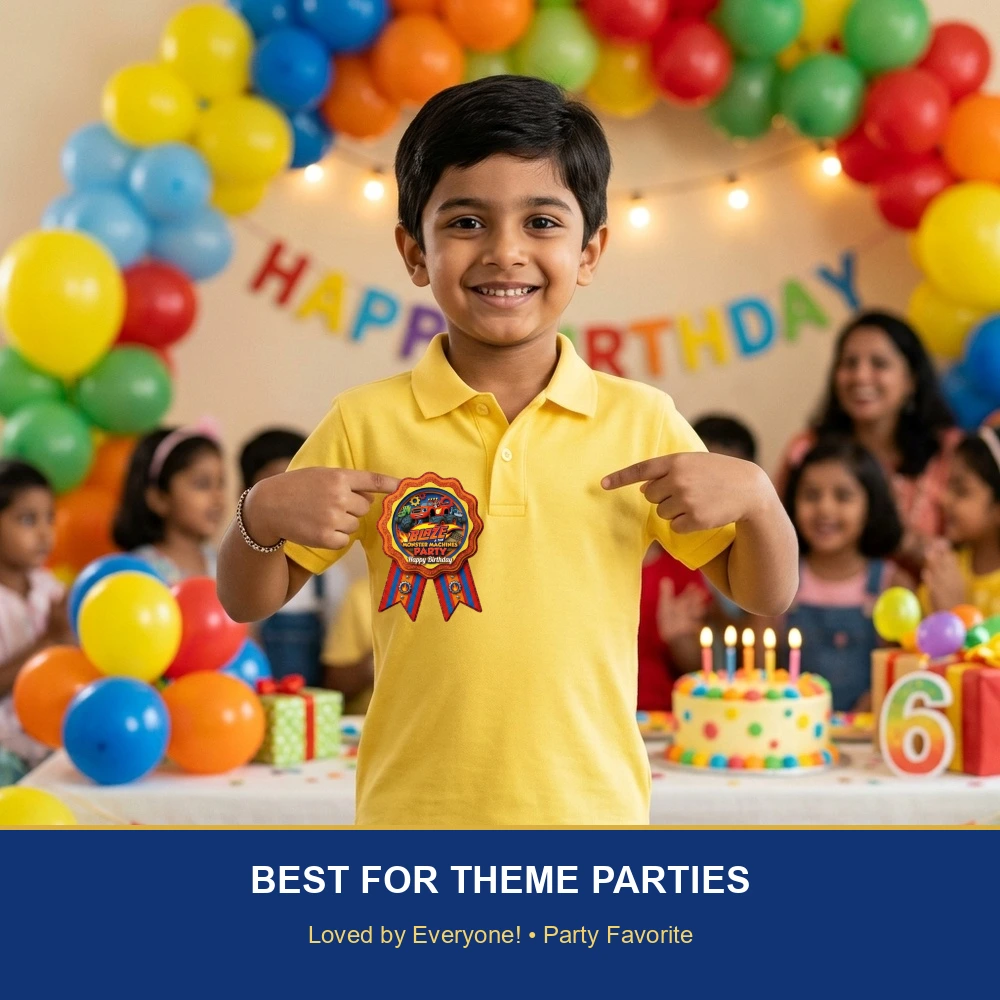Blaze Monster Machines Theme Paper Badges For Kids Birthday Party Supplies (Pack Of 16) - 300 GSM Premium Cardstock with Pin (3.7 x 3 Inch) - Premium Handcrafted 300 GSM Theme Badges by Party Decor Mall India - View 5