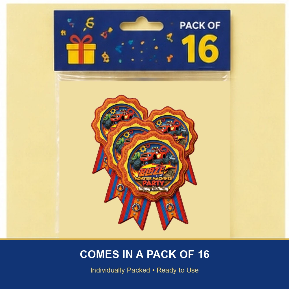 Blaze Monster Machines Theme Paper Badges For Kids Birthday Party Supplies (Pack Of 16) - 300 GSM Premium Cardstock with Pin (3.7 x 3 Inch) - Premium Handcrafted 300 GSM Theme Badges by Party Decor Mall India - View 6