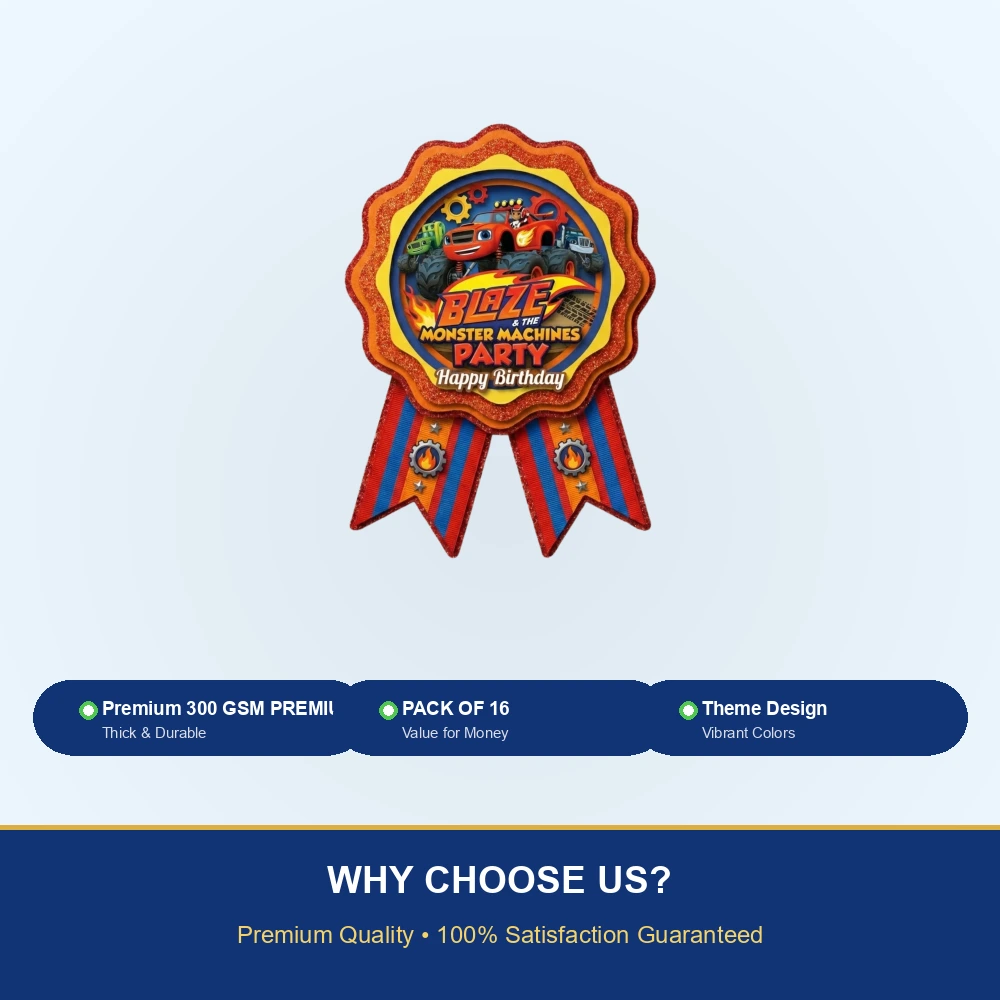 Blaze Monster Machines Theme Paper Badges For Kids Birthday Party Supplies (Pack Of 16) - 300 GSM Premium Cardstock with Pin (3.7 x 3 Inch) - Premium Handcrafted 300 GSM Theme Badges by Party Decor Mall India - View 7