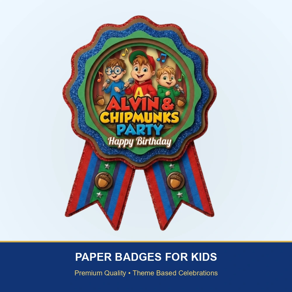 Alvin & Chipmunks Theme Paper Badges For Kids Birthday Party Supplies (Pack Of 16) - 300 GSM Premium Cardstock with Pin (3.7 x 3 Inch) - Premium Handcrafted 300 GSM Theme Badges by Party Decor Mall India - View 2