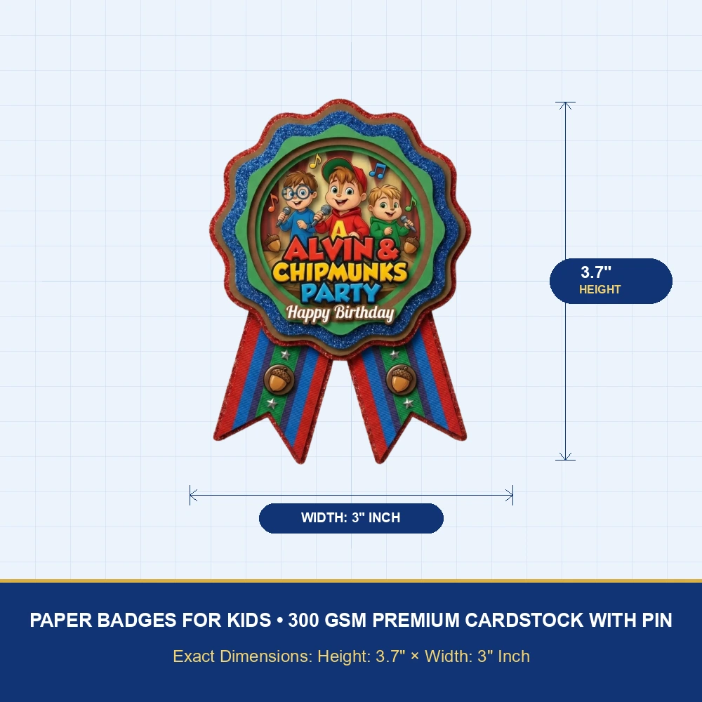 Alvin & Chipmunks Theme Paper Badges For Kids Birthday Party Supplies (Pack Of 16) - 300 GSM Premium Cardstock with Pin (3.7 x 3 Inch) - Premium Handcrafted 300 GSM Theme Badges by Party Decor Mall India - View 4