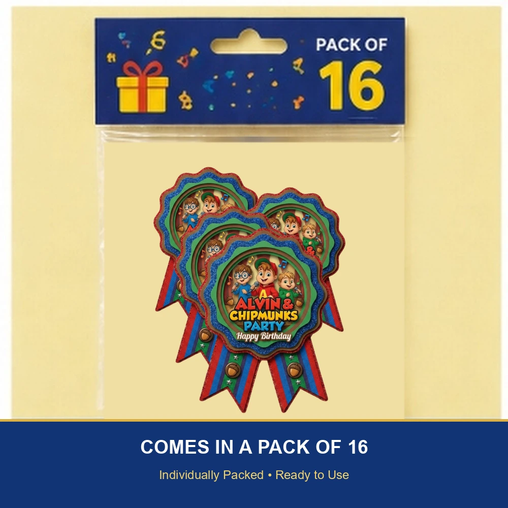 Alvin & Chipmunks Theme Paper Badges For Kids Birthday Party Supplies (Pack Of 16) - 300 GSM Premium Cardstock with Pin (3.7 x 3 Inch) - Premium Handcrafted 300 GSM Theme Badges by Party Decor Mall India - View 6