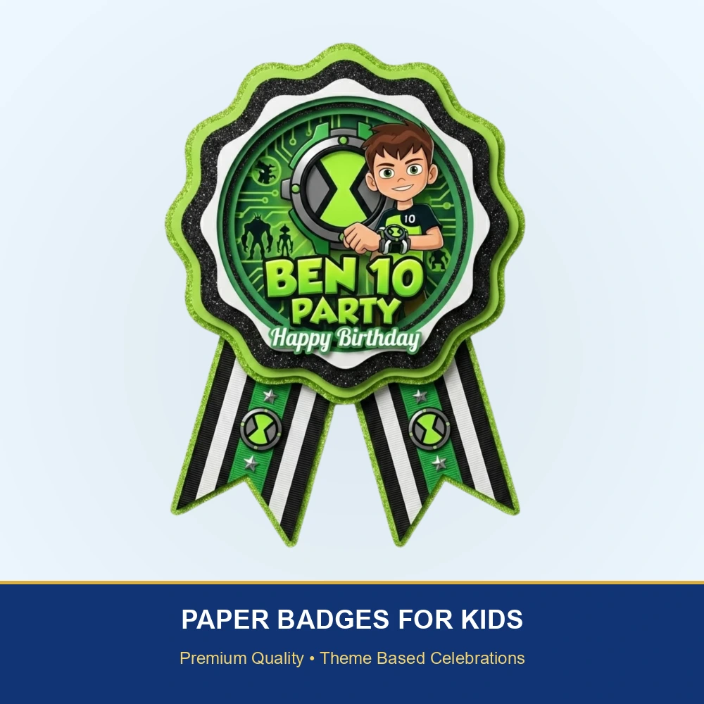 Ben10 Theme Paper Badges For Kids Birthday Party Supplies (Pack Of 16) - 300 GSM Premium Cardstock with Pin (3.7 x 3 Inch) - Premium Handcrafted 300 GSM Theme Badges by Party Decor Mall India - View 2