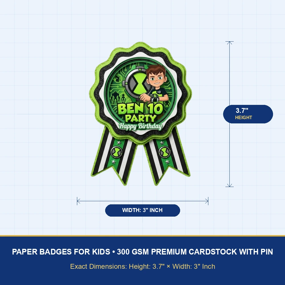 Ben10 Theme Paper Badges For Kids Birthday Party Supplies (Pack Of 16) - 300 GSM Premium Cardstock with Pin (3.7 x 3 Inch) - Premium Handcrafted 300 GSM Theme Badges by Party Decor Mall India - View 4