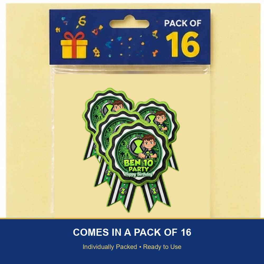 Ben10 Theme Paper Badges For Kids Birthday Party Supplies (Pack Of 16) - 300 GSM Premium Cardstock with Pin (3.7 x 3 Inch) - Premium Handcrafted 300 GSM Theme Badges by Party Decor Mall India - View 6