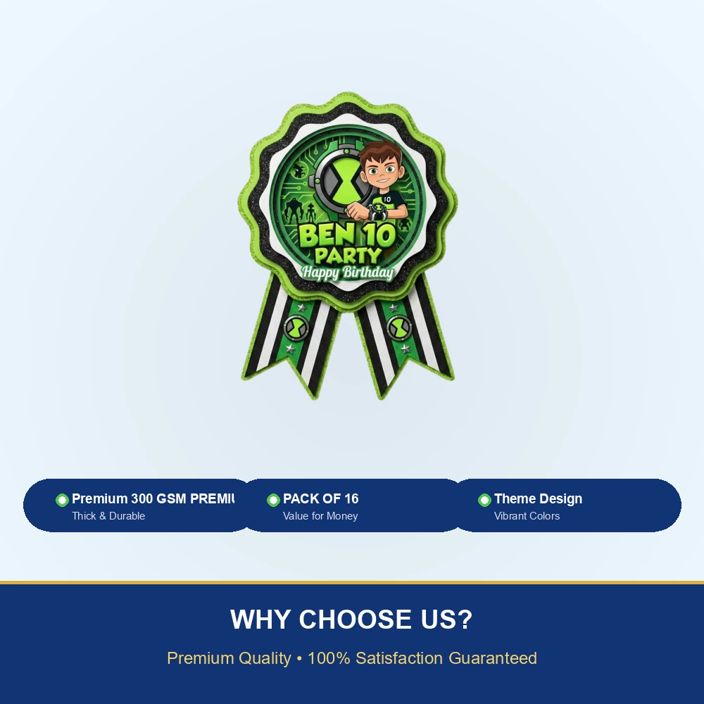 Ben10 Theme Paper Badges For Kids Birthday Party Supplies (Pack Of 16) - 300 GSM Premium Cardstock with Pin (3.7 x 3 Inch) - Premium Handcrafted 300 GSM Theme Badges by Party Decor Mall India - View 7