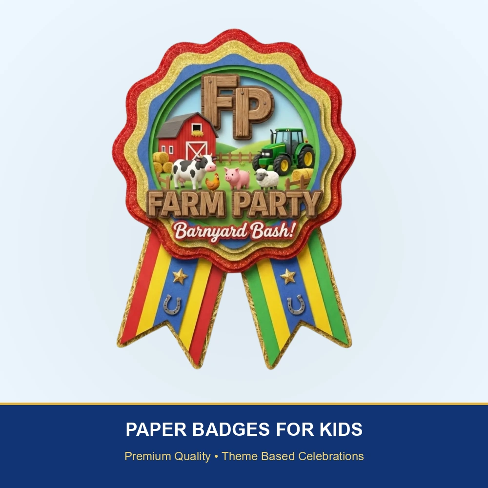 Farm Friends Theme Paper Badges For Kids Birthday Party Supplies (Pack Of 16) - 300 GSM Premium Cardstock with Pin (3.7 x 3 Inch) - Premium Handcrafted 300 GSM Theme Badges by Party Decor Mall India - View 2