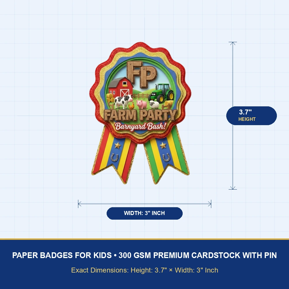 Farm Friends Theme Paper Badges For Kids Birthday Party Supplies (Pack Of 16) - 300 GSM Premium Cardstock with Pin (3.7 x 3 Inch) - Premium Handcrafted 300 GSM Theme Badges by Party Decor Mall India - View 4