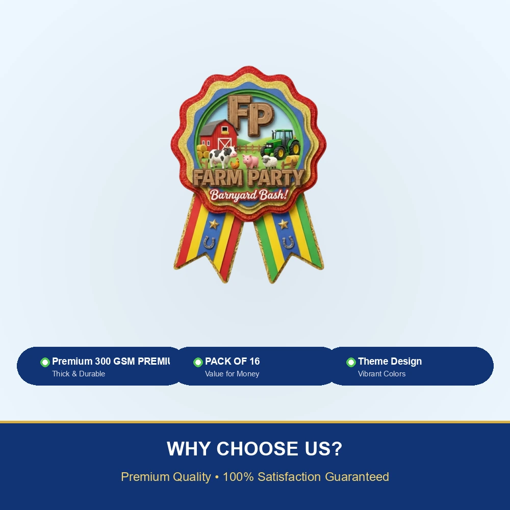 Farm Friends Theme Paper Badges For Kids Birthday Party Supplies (Pack Of 16) - 300 GSM Premium Cardstock with Pin (3.7 x 3 Inch) - Premium Handcrafted 300 GSM Theme Badges by Party Decor Mall India - View 7