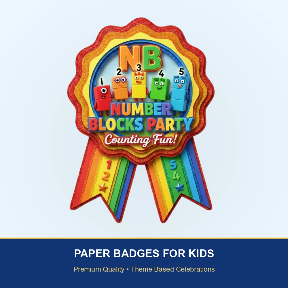 Numbers Theme Paper Badges For Kids Birthday Party Supplies (Pack Of 16) - 300 GSM Premium Cardstock with Pin (3.7 x 3 Inch) - Premium Handcrafted 300 GSM Theme Badges by Party Decor Mall India - View 2
