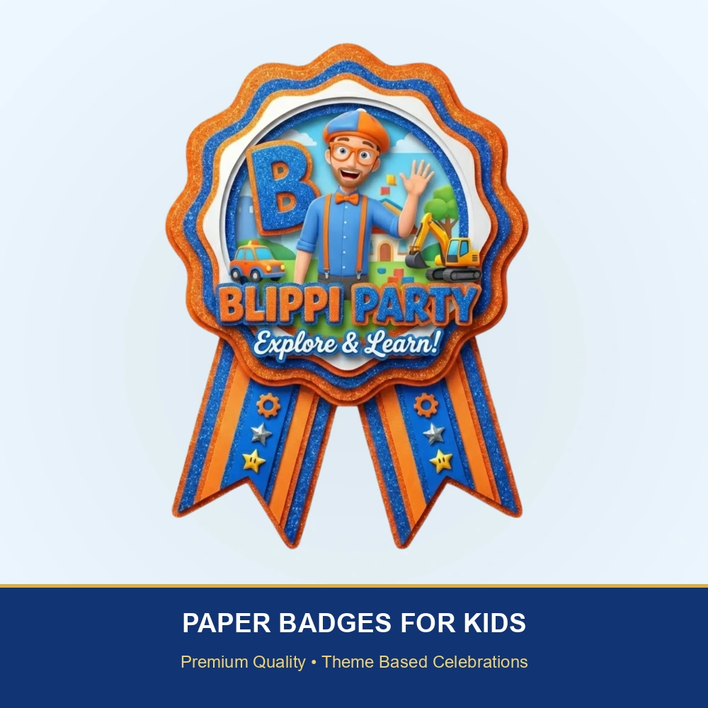 Blippi Theme Paper Badges For Kids Birthday Party Supplies (Pack Of 16) - 300 GSM Premium Cardstock with Pin (3.7 x 3 Inch) - Premium Handcrafted 300 GSM Theme Badges by Party Decor Mall India - View 2