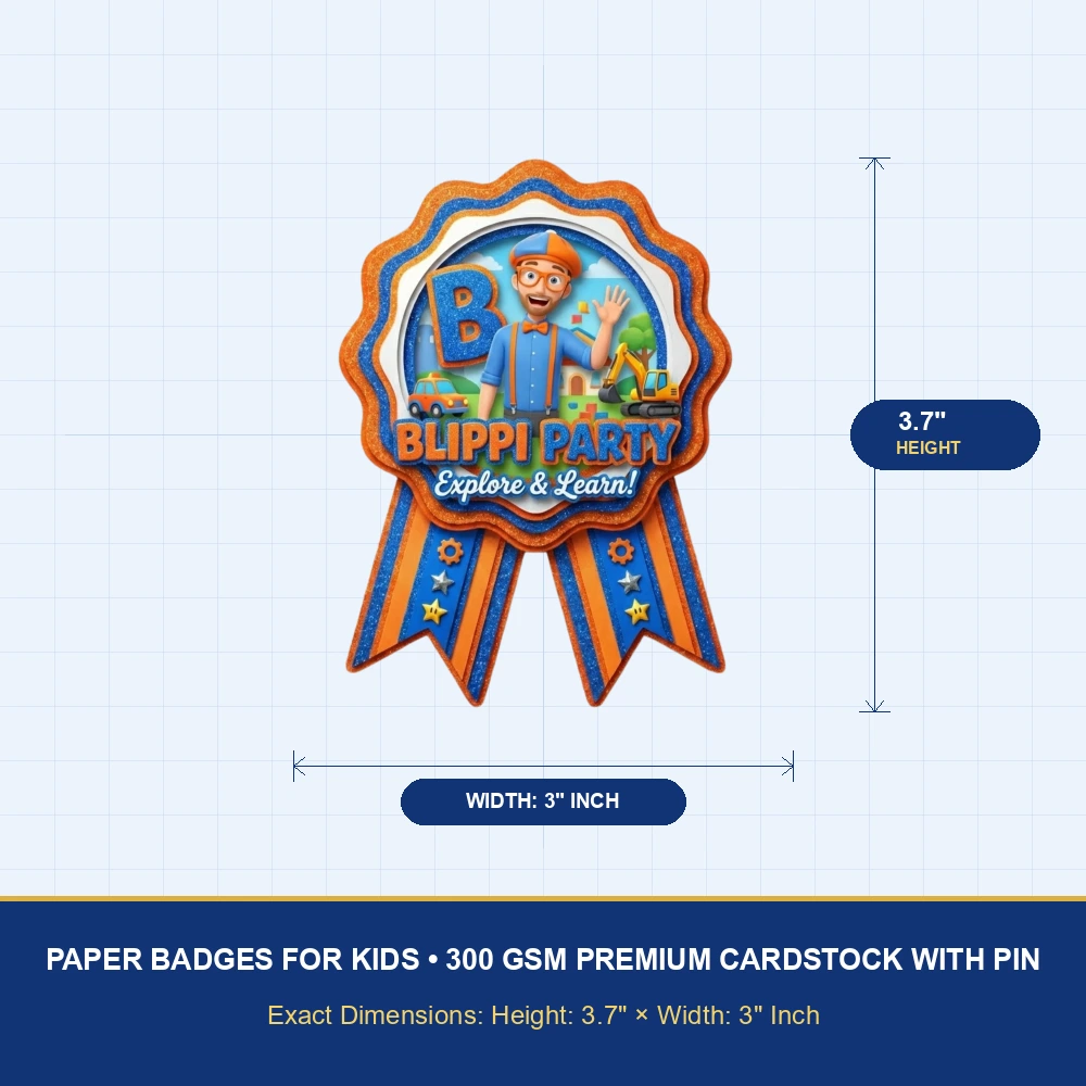 Blippi Theme Paper Badges For Kids Birthday Party Supplies (Pack Of 16) - 300 GSM Premium Cardstock with Pin (3.7 x 3 Inch) - Premium Handcrafted 300 GSM Theme Badges by Party Decor Mall India - View 4