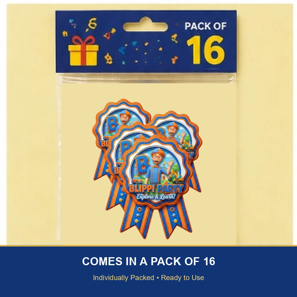 Blippi Theme Paper Badges For Kids Birthday Party Supplies (Pack Of 16) - 300 GSM Premium Cardstock with Pin (3.7 x 3 Inch) - Premium Handcrafted 300 GSM Theme Badges by Party Decor Mall India - View 6