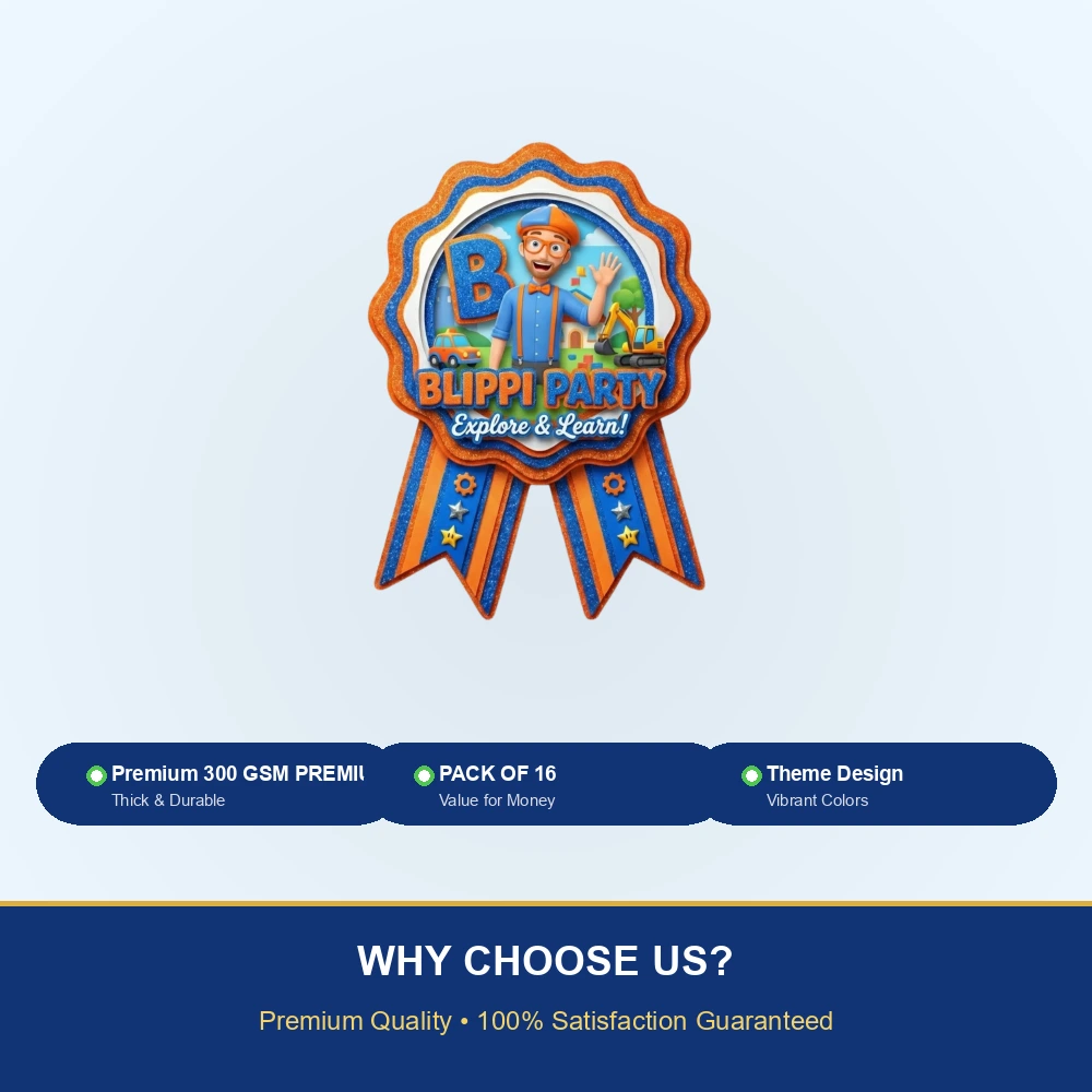 Blippi Theme Paper Badges For Kids Birthday Party Supplies (Pack Of 16) - 300 GSM Premium Cardstock with Pin (3.7 x 3 Inch) - Premium Handcrafted 300 GSM Theme Badges by Party Decor Mall India - View 7