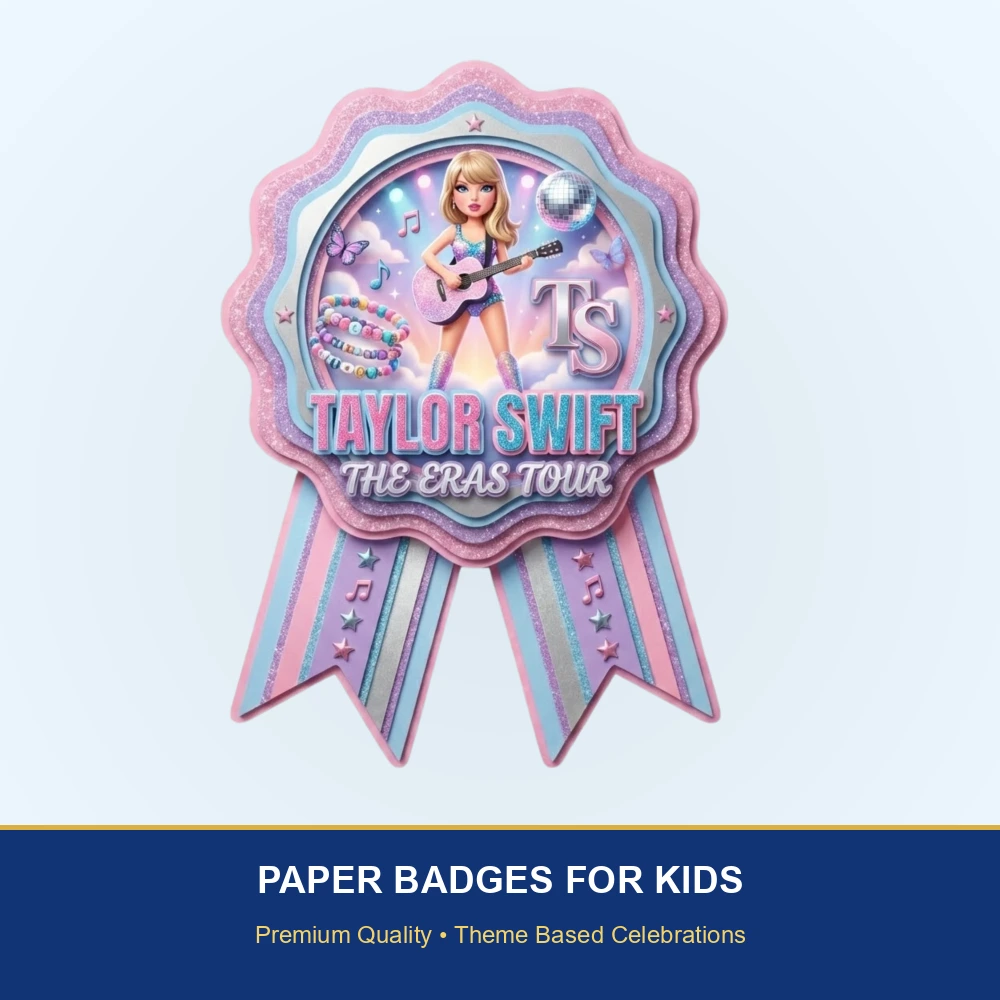 Taylor Swift Theme Paper Badges For Kids Birthday Party Supplies (Pack Of 16) - 300 GSM Premium Cardstock with Pin (3.7 x 3 Inch) - Premium Handcrafted 300 GSM Theme Badges by Party Decor Mall India - View 2