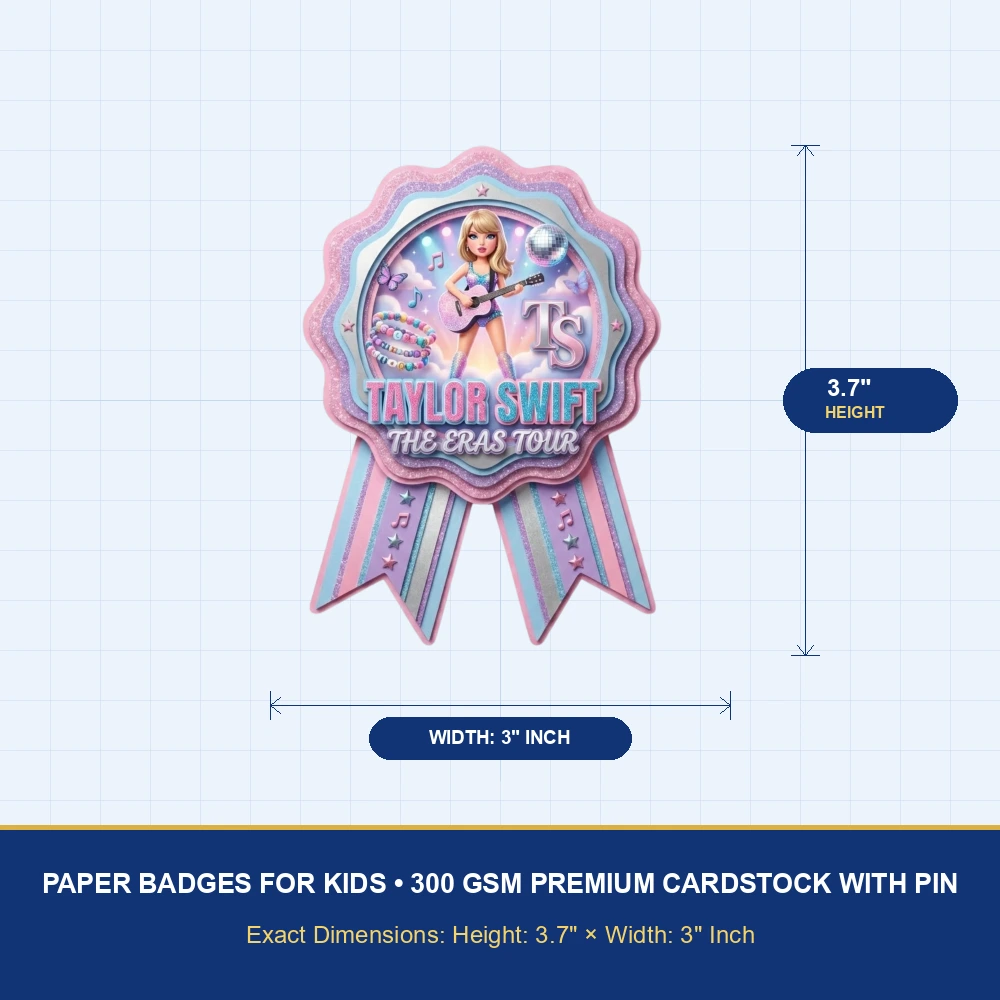 Taylor Swift Theme Paper Badges For Kids Birthday Party Supplies (Pack Of 16) - 300 GSM Premium Cardstock with Pin (3.7 x 3 Inch) - Premium Handcrafted 300 GSM Theme Badges by Party Decor Mall India - View 4