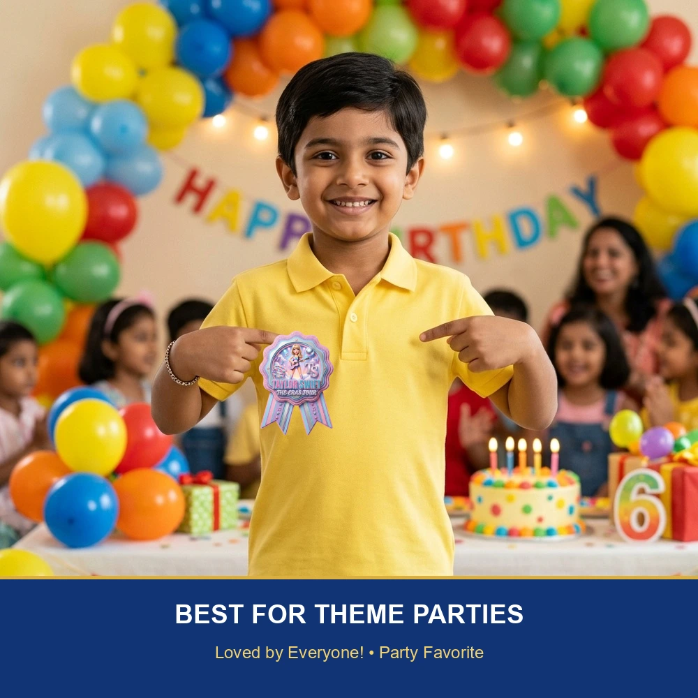 Taylor Swift Theme Paper Badges For Kids Birthday Party Supplies (Pack Of 16) - 300 GSM Premium Cardstock with Pin (3.7 x 3 Inch) - Premium Handcrafted 300 GSM Theme Badges by Party Decor Mall India - View 5