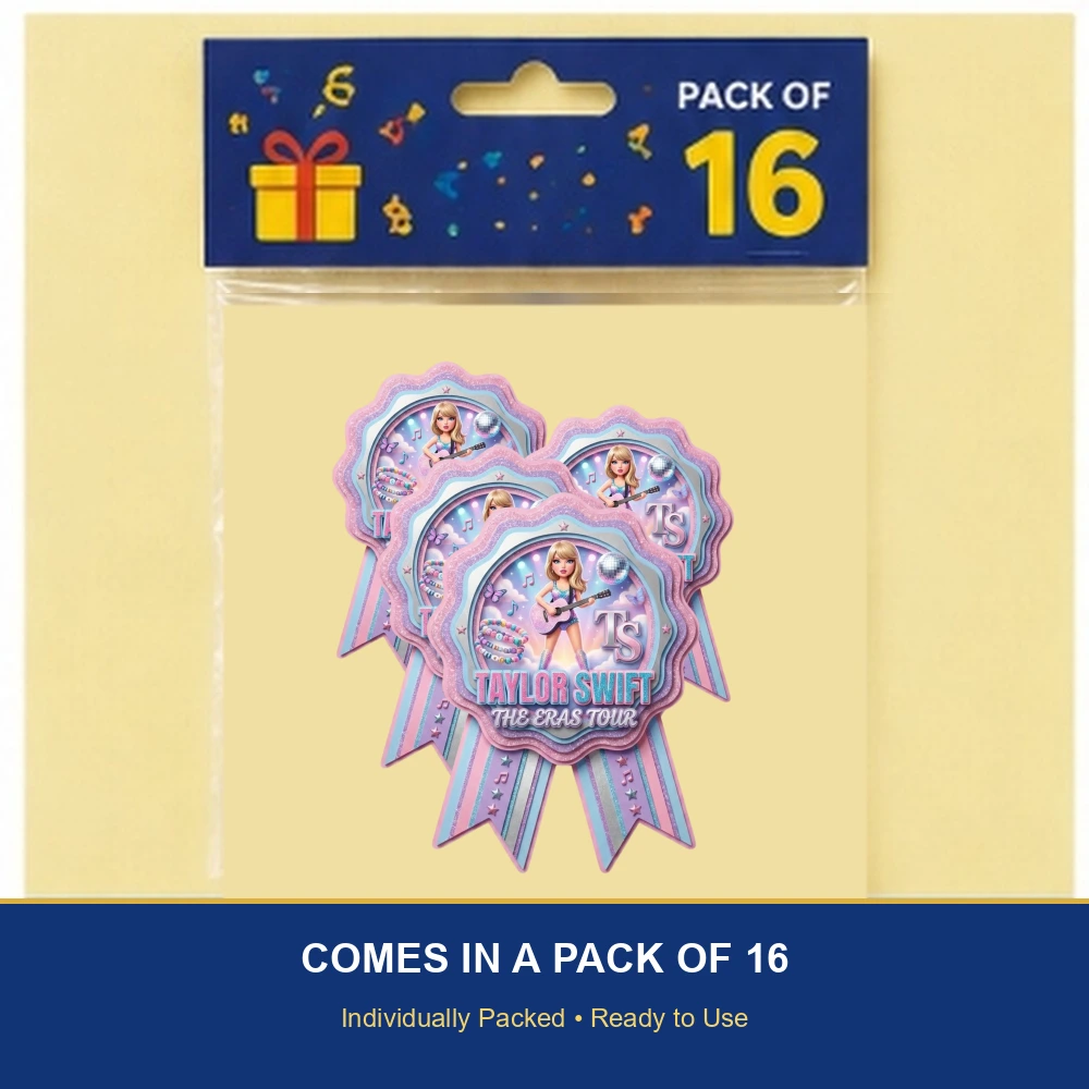 Taylor Swift Theme Paper Badges For Kids Birthday Party Supplies (Pack Of 16) - 300 GSM Premium Cardstock with Pin (3.7 x 3 Inch) - Premium Handcrafted 300 GSM Theme Badges by Party Decor Mall India - View 6