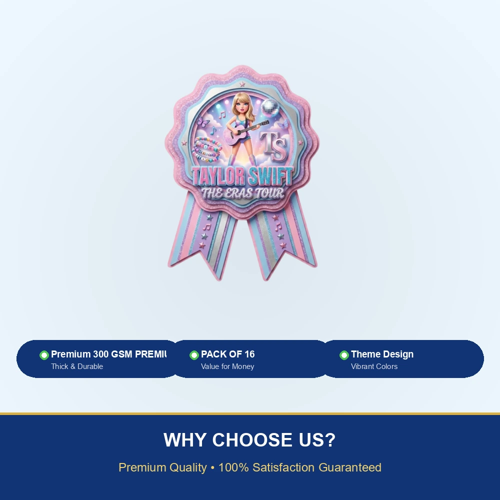 Taylor Swift Theme Paper Badges For Kids Birthday Party Supplies (Pack Of 16) - 300 GSM Premium Cardstock with Pin (3.7 x 3 Inch) - Premium Handcrafted 300 GSM Theme Badges by Party Decor Mall India - View 7