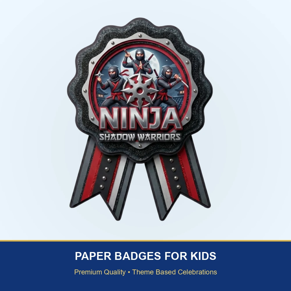 Ninja Theme Paper Badges For Kids Birthday Party Supplies (Pack Of 16) - 300 GSM Premium Cardstock with Pin (3.7 x 3 Inch) - Premium Handcrafted 300 GSM Theme Badges by Party Decor Mall India - View 2