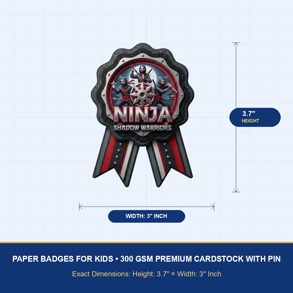 Ninja Theme Paper Badges For Kids Birthday Party Supplies (Pack Of 16) - 300 GSM Premium Cardstock with Pin (3.7 x 3 Inch) - Premium Handcrafted 300 GSM Theme Badges by Party Decor Mall India - View 4
