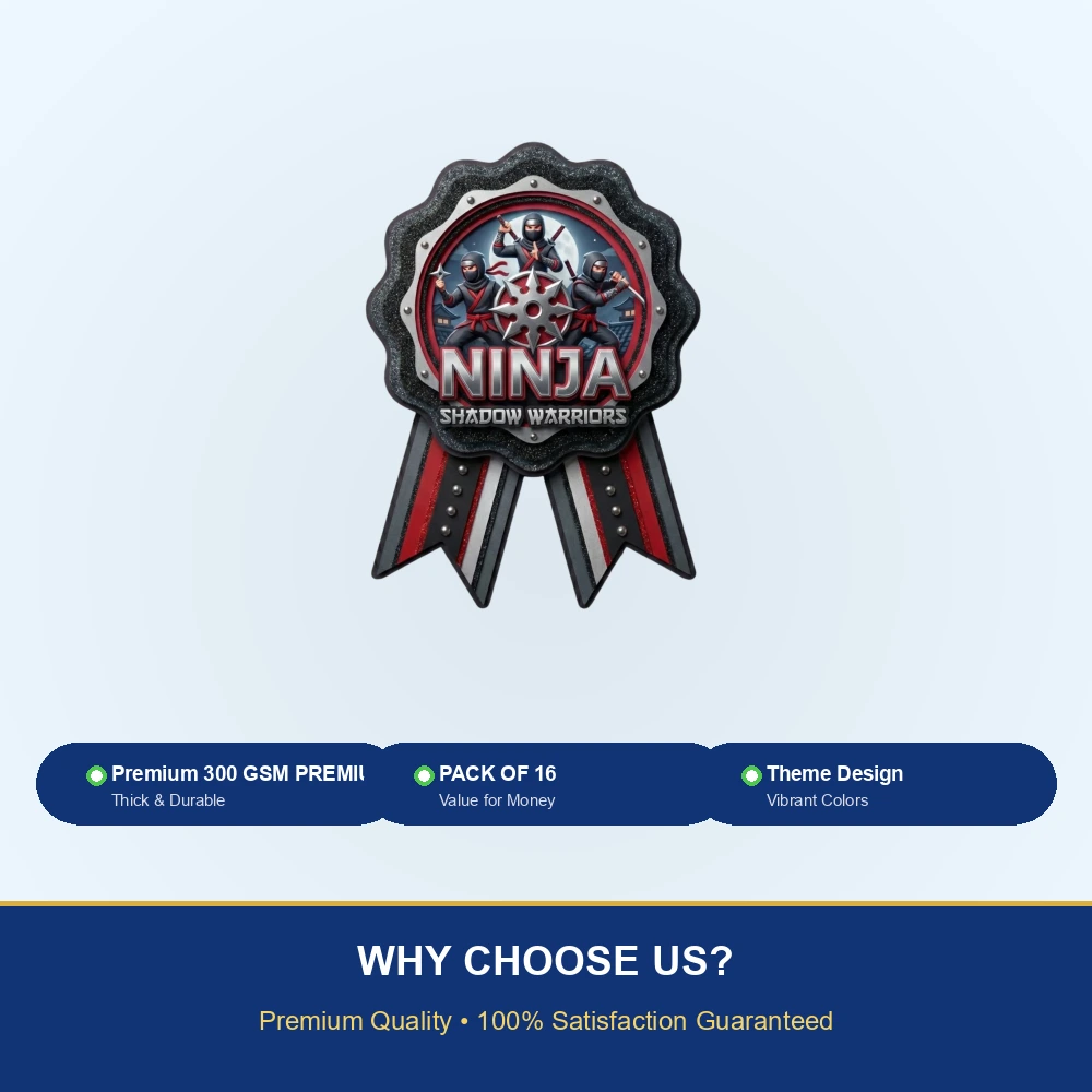 Ninja Theme Paper Badges For Kids Birthday Party Supplies (Pack Of 16) - 300 GSM Premium Cardstock with Pin (3.7 x 3 Inch) - Premium Handcrafted 300 GSM Theme Badges by Party Decor Mall India - View 7