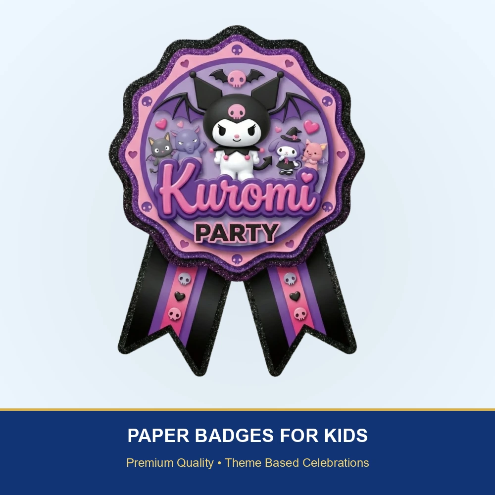 Kuromi Theme Paper Badges For Kids Birthday Party Supplies (Pack Of 16) - 300 GSM Premium Cardstock with Pin (3.7 x 3 Inch) - Premium Handcrafted 300 GSM Theme Badges by Party Decor Mall India - View 2