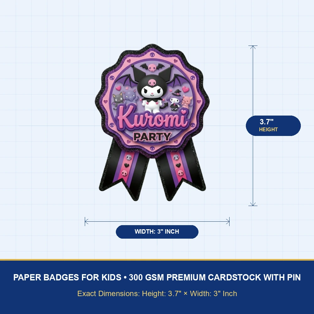 Kuromi Theme Paper Badges For Kids Birthday Party Supplies (Pack Of 16) - 300 GSM Premium Cardstock with Pin (3.7 x 3 Inch) - Premium Handcrafted 300 GSM Theme Badges by Party Decor Mall India - View 4