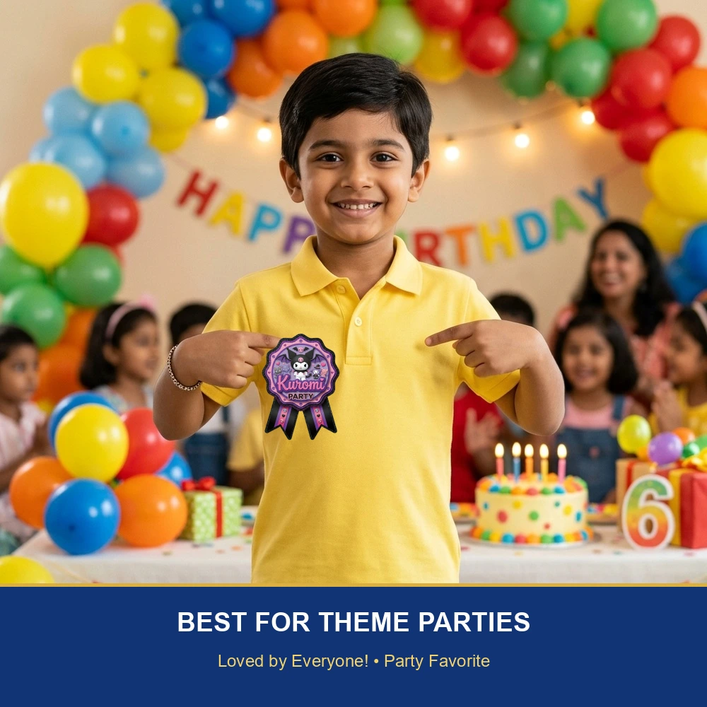 Kuromi Theme Paper Badges For Kids Birthday Party Supplies (Pack Of 16) - 300 GSM Premium Cardstock with Pin (3.7 x 3 Inch) - Premium Handcrafted 300 GSM Theme Badges by Party Decor Mall India - View 5