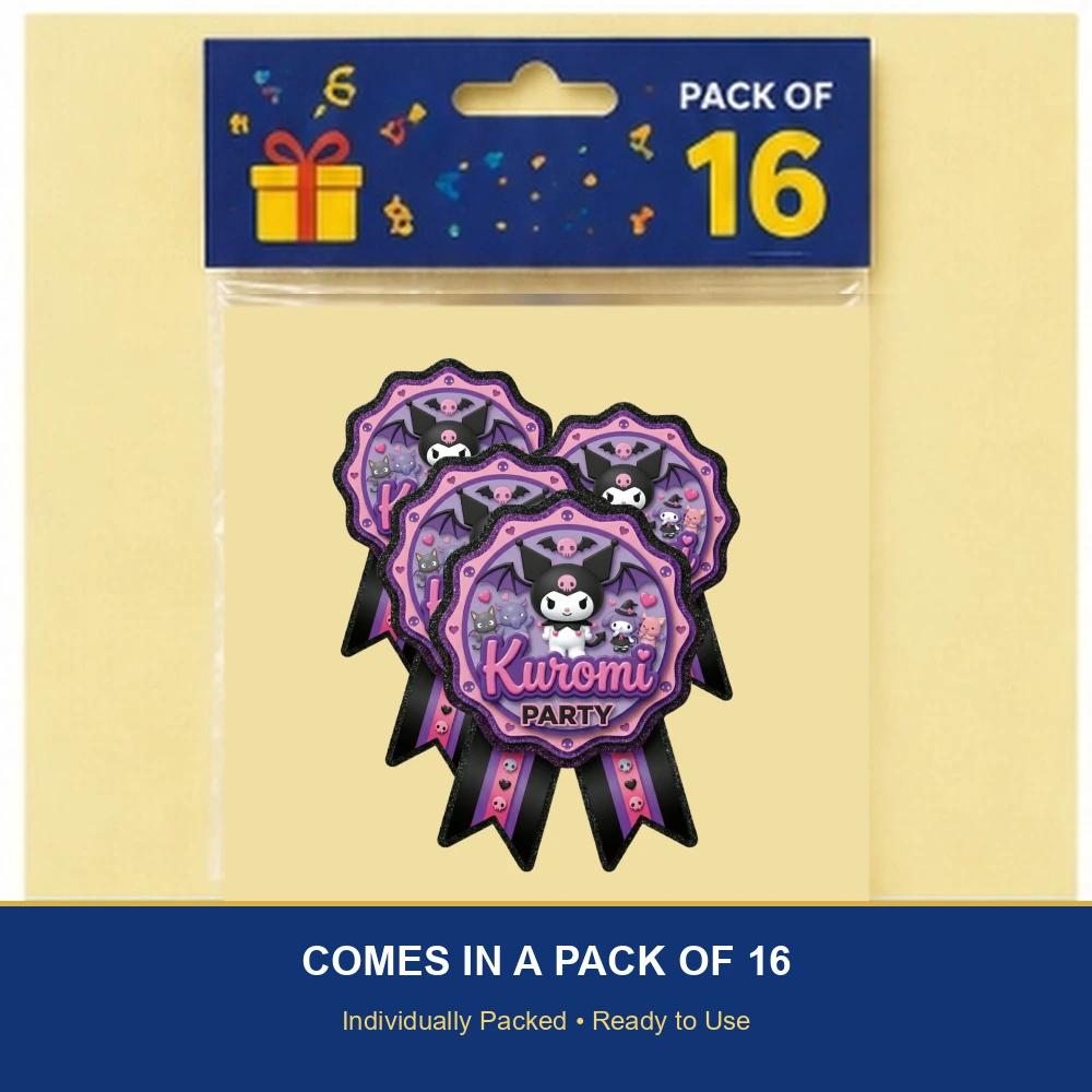 Kuromi Theme Paper Badges For Kids Birthday Party Supplies (Pack Of 16) - 300 GSM Premium Cardstock with Pin (3.7 x 3 Inch) - Premium Handcrafted 300 GSM Theme Badges by Party Decor Mall India - View 6