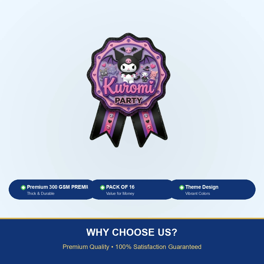 Kuromi Theme Paper Badges For Kids Birthday Party Supplies (Pack Of 16) - 300 GSM Premium Cardstock with Pin (3.7 x 3 Inch) - Premium Handcrafted 300 GSM Theme Badges by Party Decor Mall India - View 7