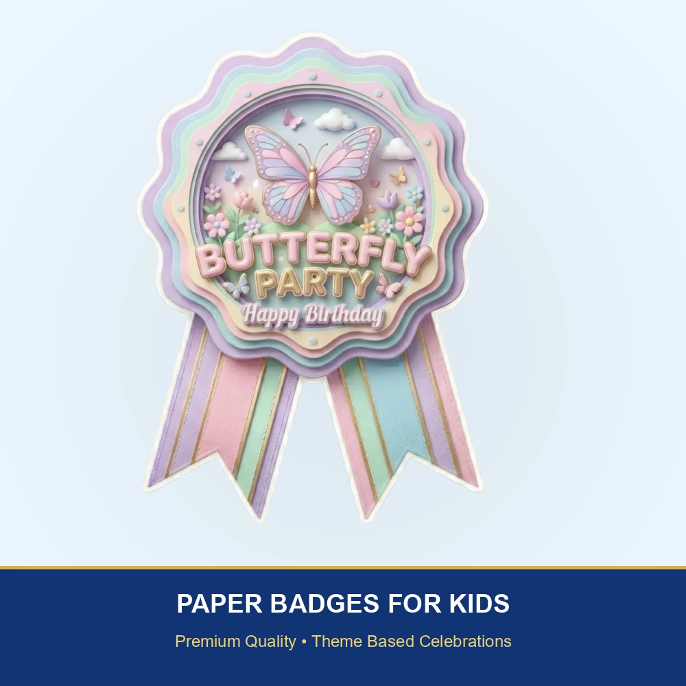 Butterfly Theme Paper Badges For Kids Birthday Party Supplies (Pack Of 16) - 300 GSM Premium Cardstock with Pin (3.7 x 3 Inch) - Premium Handcrafted 300 GSM Theme Badges by Party Decor Mall India - View 2