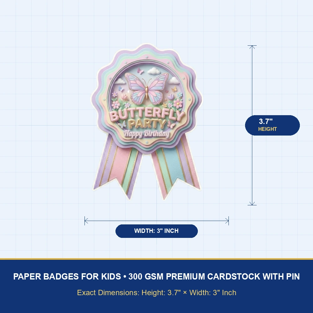Butterfly Theme Paper Badges For Kids Birthday Party Supplies (Pack Of 16) - 300 GSM Premium Cardstock with Pin (3.7 x 3 Inch) - Premium Handcrafted 300 GSM Theme Badges by Party Decor Mall India - View 4