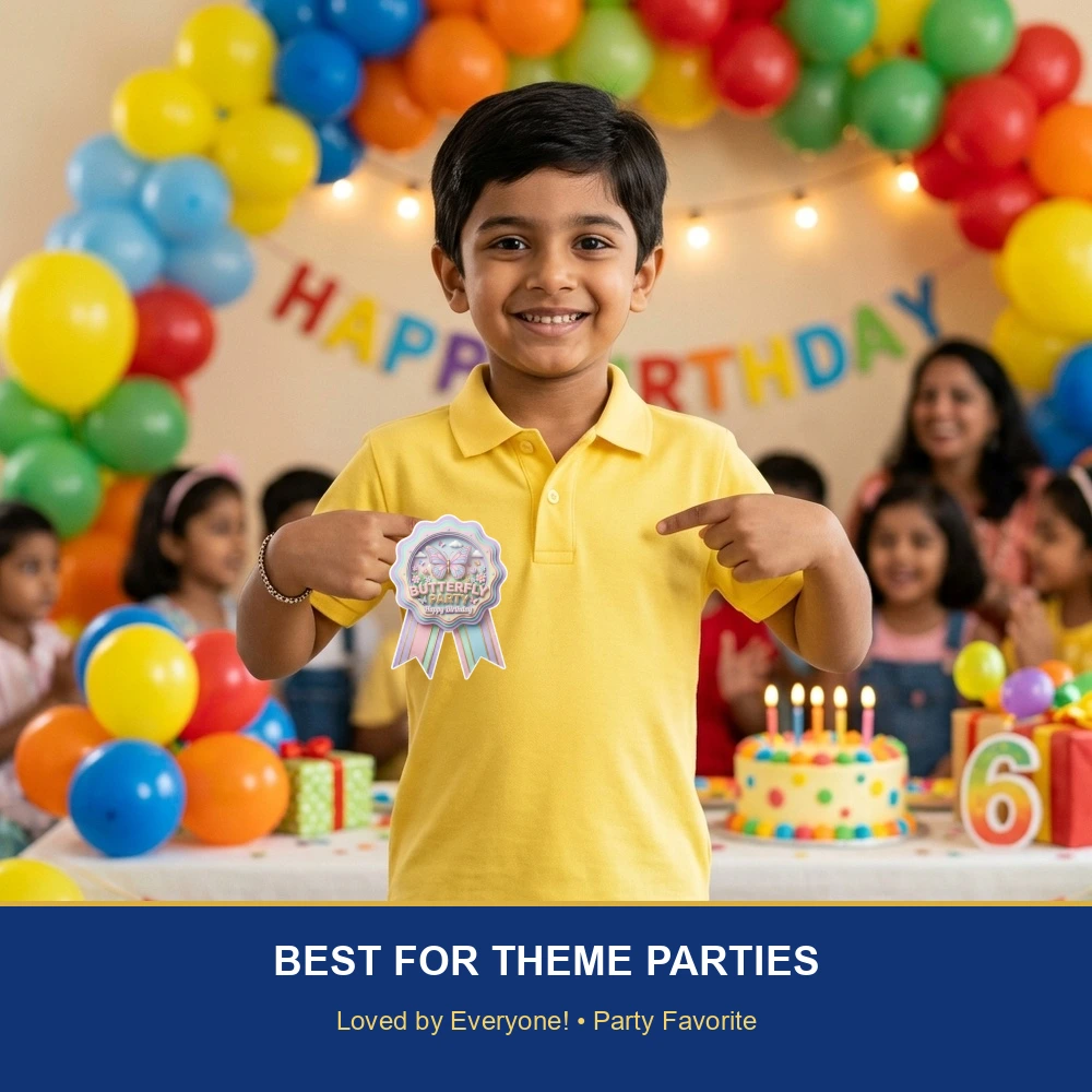 Butterfly Theme Paper Badges For Kids Birthday Party Supplies (Pack Of 16) - 300 GSM Premium Cardstock with Pin (3.7 x 3 Inch) - Premium Handcrafted 300 GSM Theme Badges by Party Decor Mall India - View 5