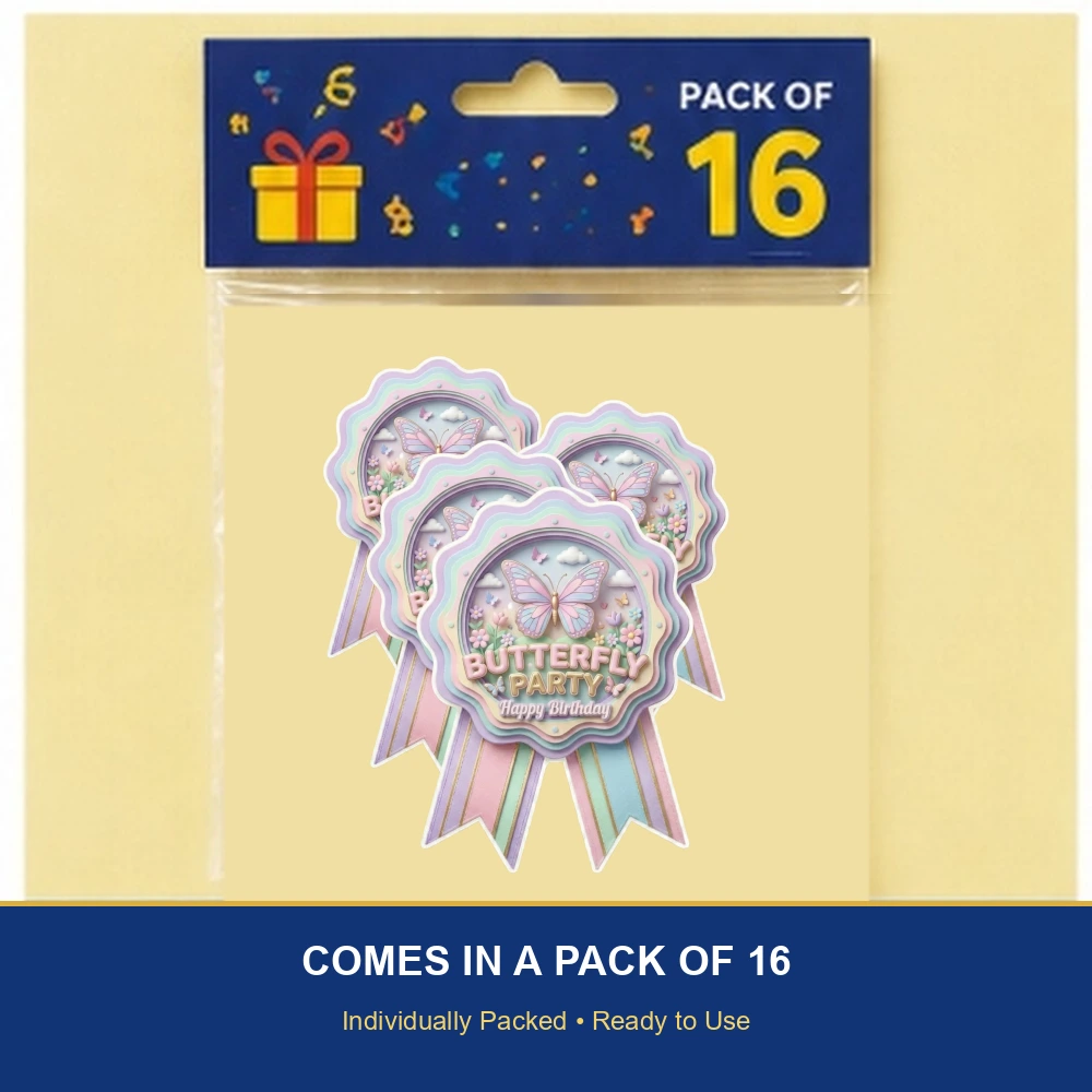 Butterfly Theme Paper Badges For Kids Birthday Party Supplies (Pack Of 16) - 300 GSM Premium Cardstock with Pin (3.7 x 3 Inch) - Premium Handcrafted 300 GSM Theme Badges by Party Decor Mall India - View 6