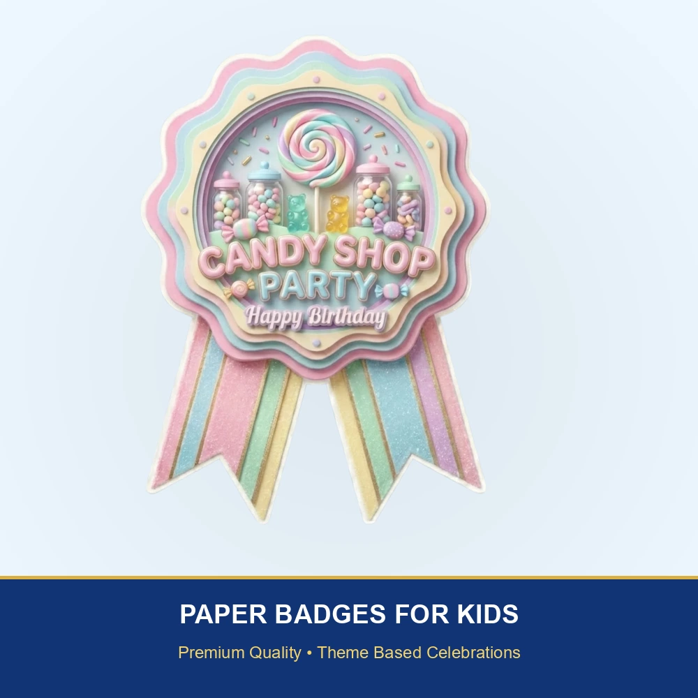 Candy Shop Theme Paper Badges For Kids Birthday Party Supplies (Pack Of 16) - 300 GSM Premium Cardstock with Pin (3.7 x 3 Inch) - Premium Handcrafted 300 GSM Theme Badges by Party Decor Mall India - View 2