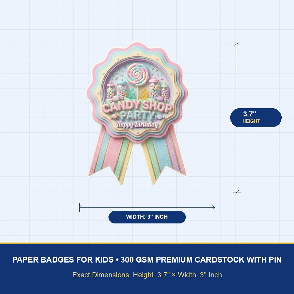 Candy Shop Theme Paper Badges For Kids Birthday Party Supplies (Pack Of 16) - 300 GSM Premium Cardstock with Pin (3.7 x 3 Inch) - Premium Handcrafted 300 GSM Theme Badges by Party Decor Mall India - View 4
