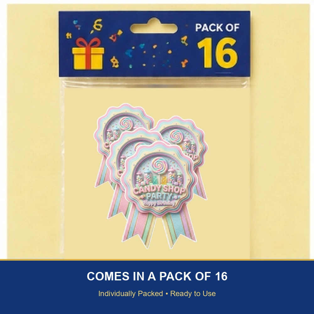Candy Shop Theme Paper Badges For Kids Birthday Party Supplies (Pack Of 16) - 300 GSM Premium Cardstock with Pin (3.7 x 3 Inch) - Premium Handcrafted 300 GSM Theme Badges by Party Decor Mall India - View 6