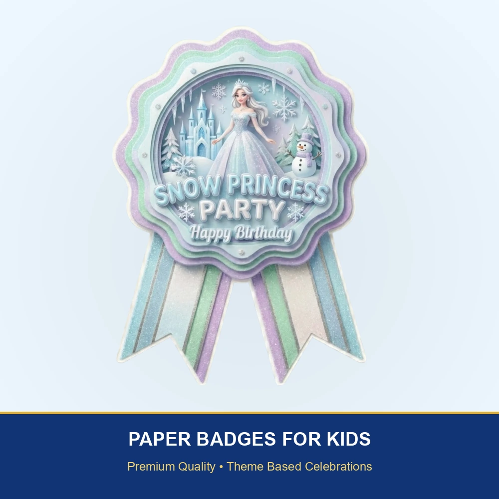 Frozen Theme Paper Badges For Kids Birthday Party Supplies (Pack Of 16) - 300 GSM Premium Cardstock with Pin (3.7 x 3 Inch) - Premium Handcrafted 300 GSM Theme Badges by Party Decor Mall India - View 2