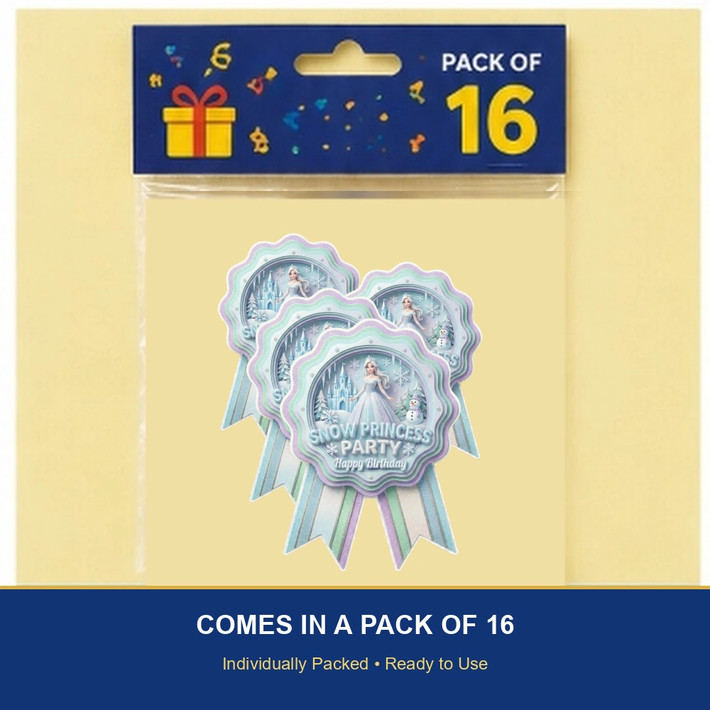 Frozen Theme Paper Badges For Kids Birthday Party Supplies (Pack Of 16) - 300 GSM Premium Cardstock with Pin (3.7 x 3 Inch) - Premium Handcrafted 300 GSM Theme Badges by Party Decor Mall India - View 6