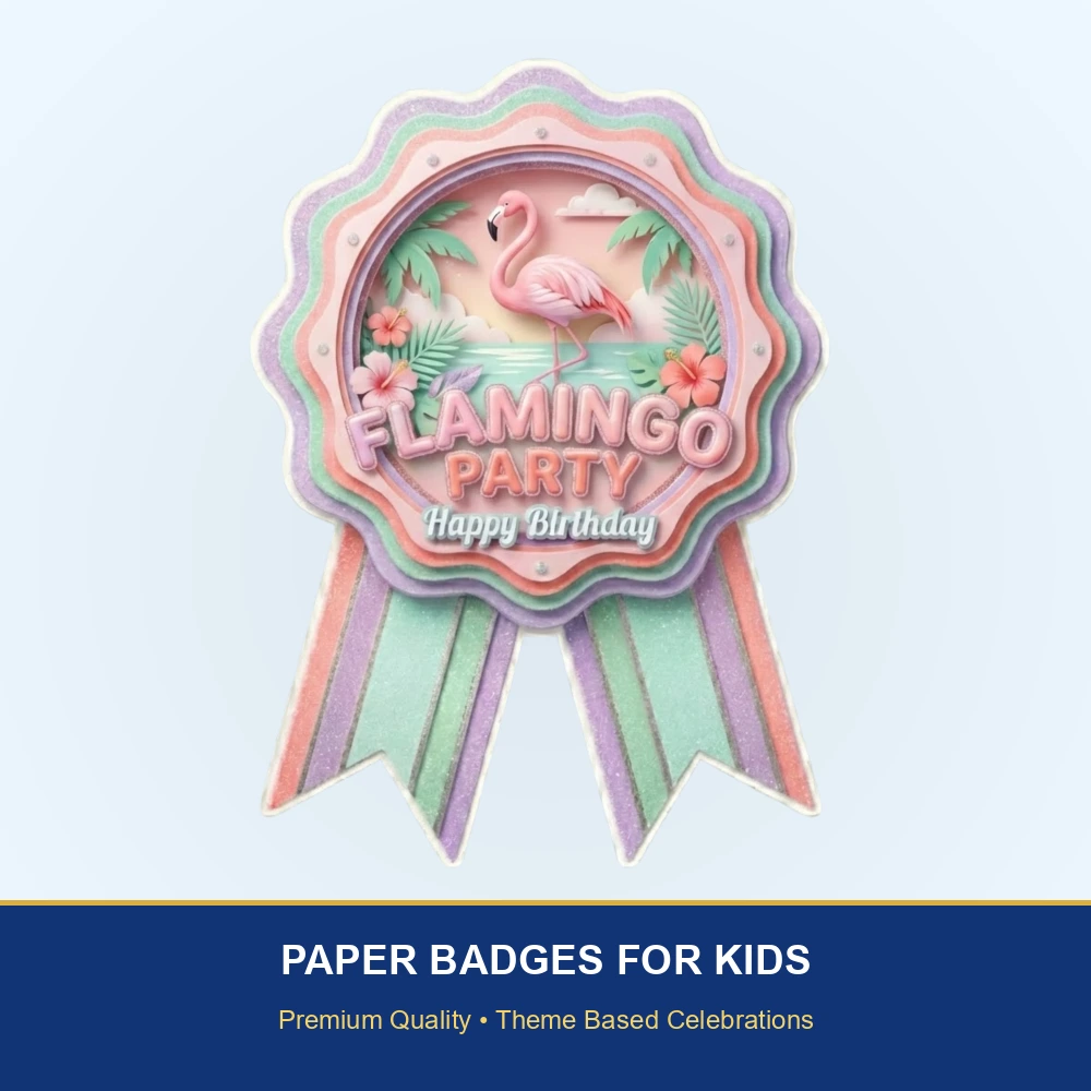 Flamingo Theme Paper Badges For Kids Birthday Party Supplies (Pack Of 16) - 300 GSM Premium Cardstock with Pin (3.7 x 3 Inch) - Premium Handcrafted 300 GSM Theme Badges by Party Decor Mall India - View 2