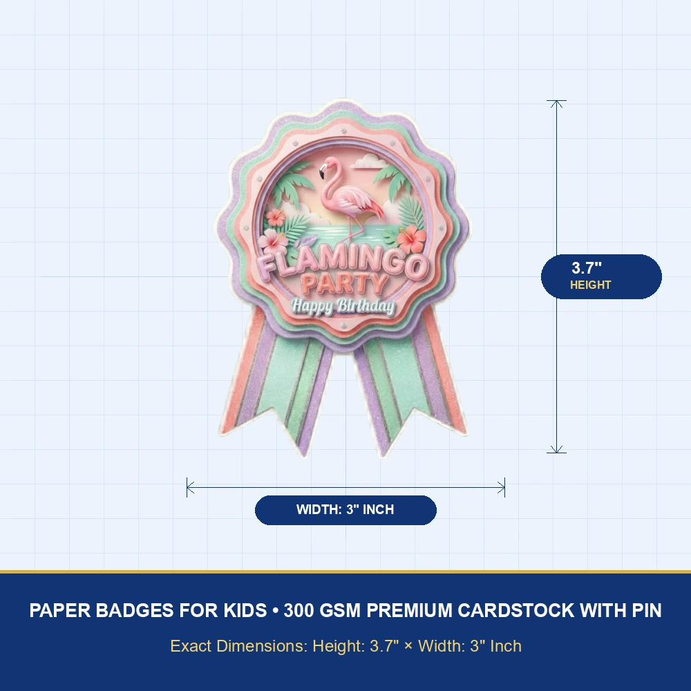 Flamingo Theme Paper Badges For Kids Birthday Party Supplies (Pack Of 16) - 300 GSM Premium Cardstock with Pin (3.7 x 3 Inch) - Premium Handcrafted 300 GSM Theme Badges by Party Decor Mall India - View 4