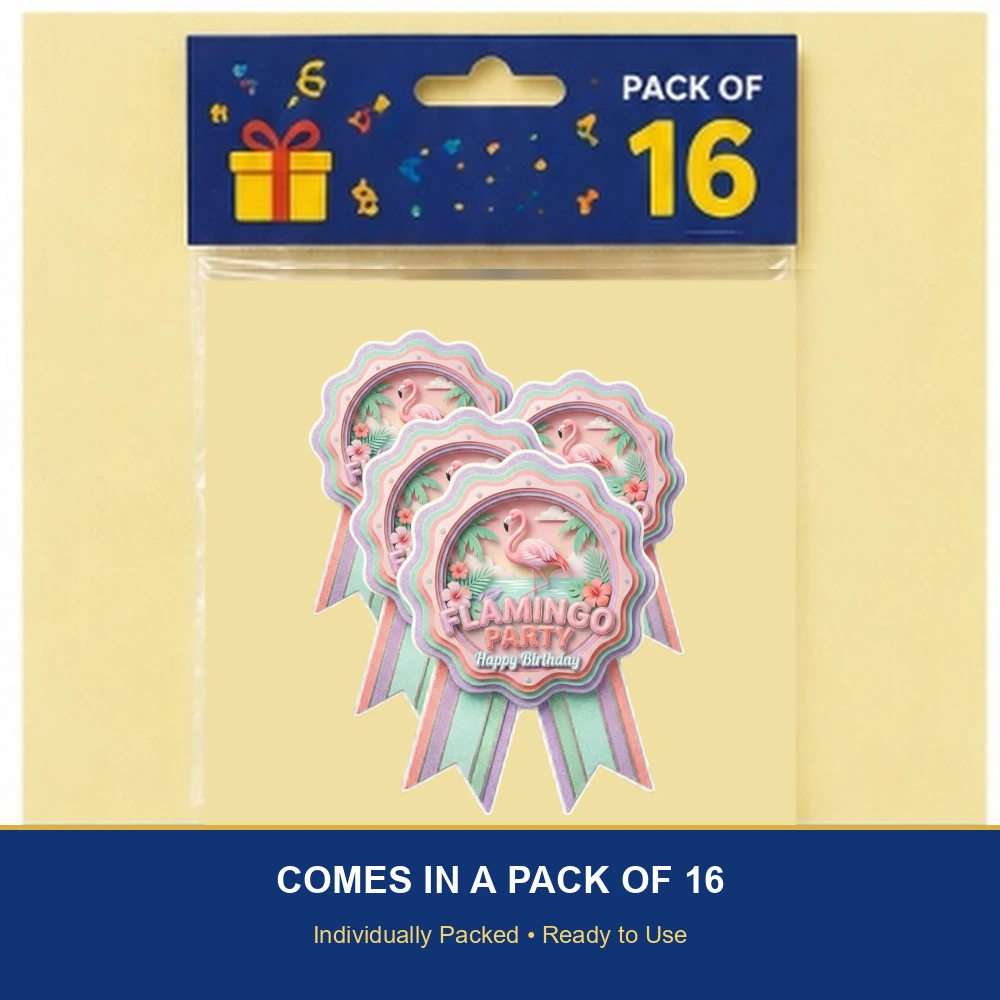 Flamingo Theme Paper Badges For Kids Birthday Party Supplies (Pack Of 16) - 300 GSM Premium Cardstock with Pin (3.7 x 3 Inch) - Premium Handcrafted 300 GSM Theme Badges by Party Decor Mall India - View 6