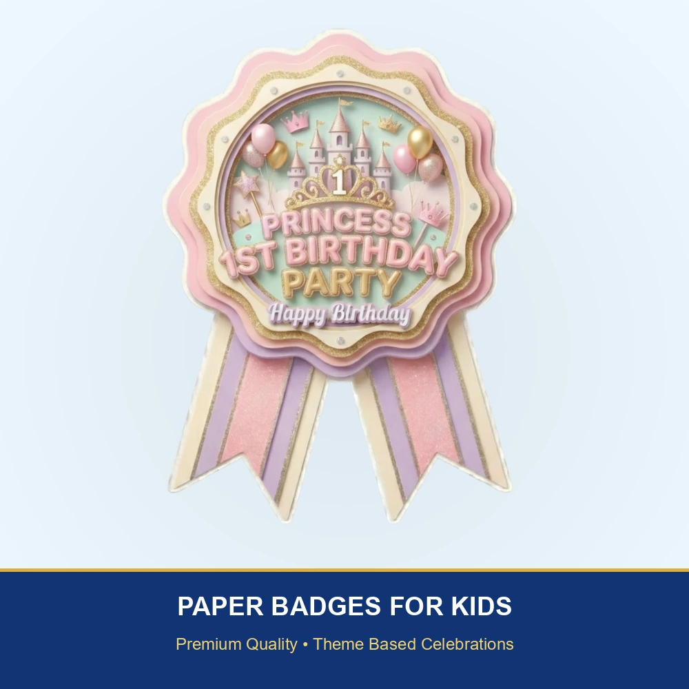 Princess 1st Birthday Theme Paper Badges For Kids Birthday Party Supplies (Pack Of 16) - 300 GSM Premium Cardstock with Pin (3.7 x 3 Inch) - Premium Handcrafted 300 GSM Theme Badges by Party Decor Mall India - View 2