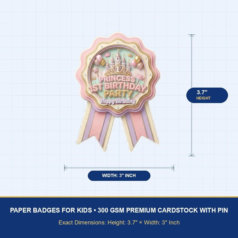 Princess 1st Birthday Theme Paper Badges For Kids Birthday Party Supplies (Pack Of 16) - 300 GSM Premium Cardstock with Pin (3.7 x 3 Inch) - Premium Handcrafted 300 GSM Theme Badges by Party Decor Mall India - View 4