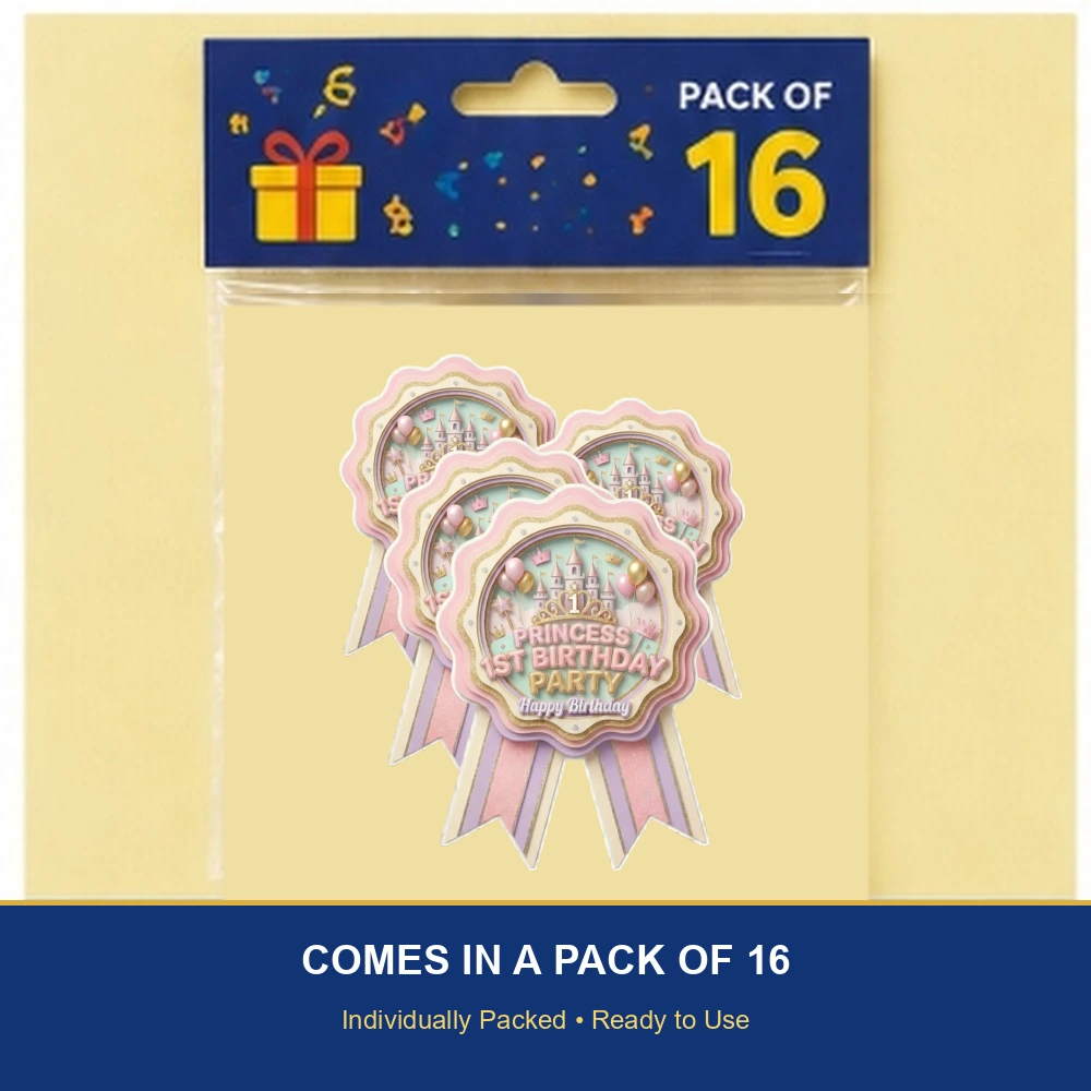 Princess 1st Birthday Theme Paper Badges For Kids Birthday Party Supplies (Pack Of 16) - 300 GSM Premium Cardstock with Pin (3.7 x 3 Inch) - Premium Handcrafted 300 GSM Theme Badges by Party Decor Mall India - View 6